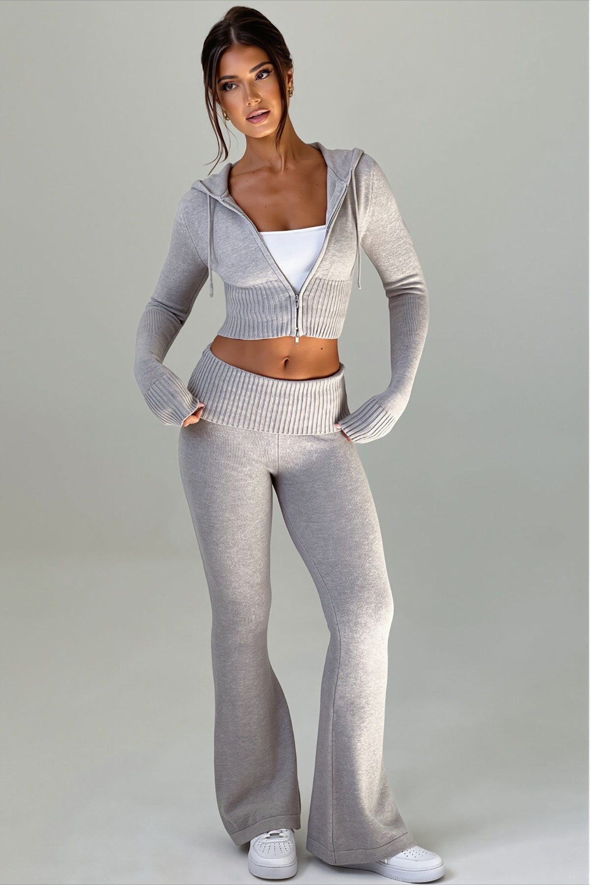 Cropped Zip Hoodie Flared Pants Two Piece Set