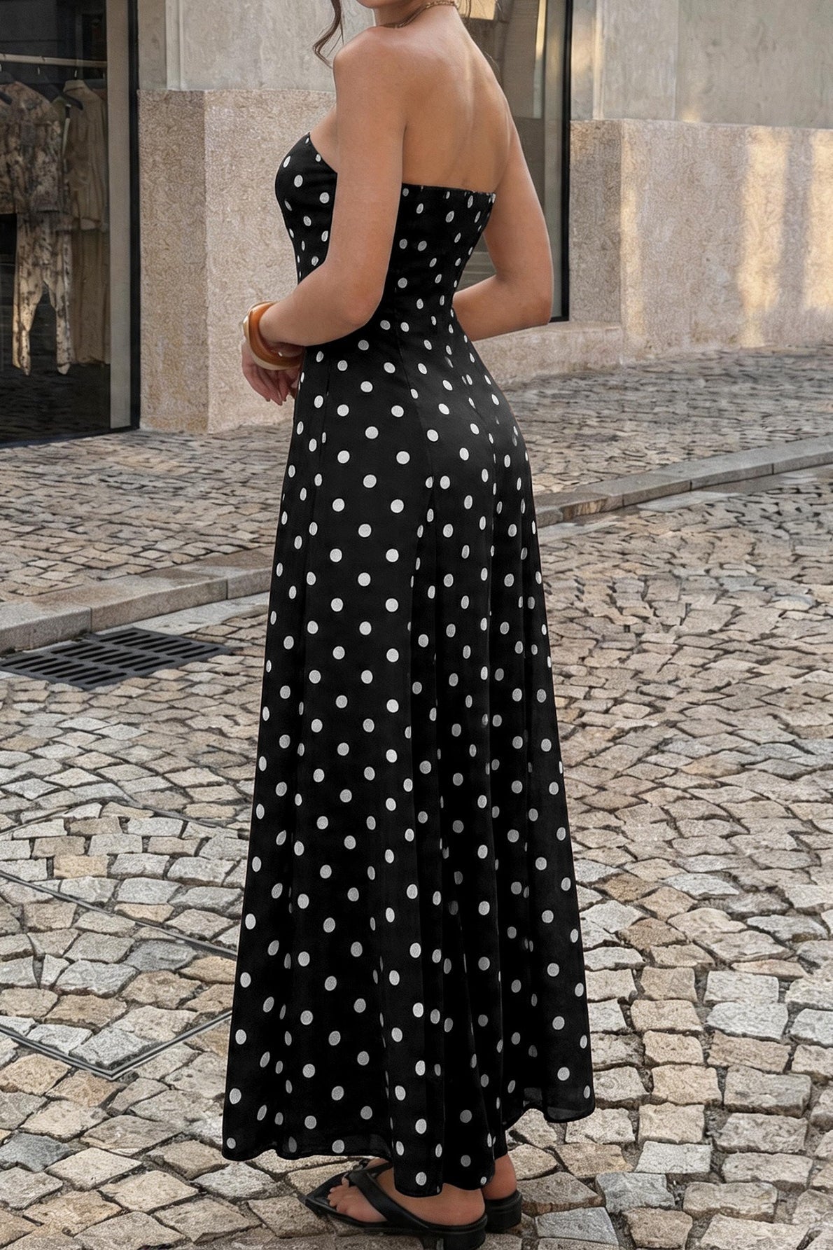 Polka Dot Strapless Pleated High-Slit Maxi Dress 5