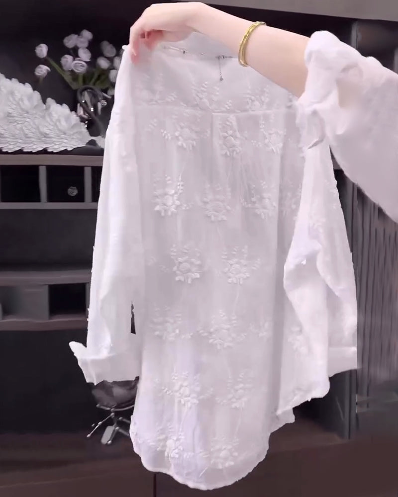Collared Long Sleeve Floral Embroidered Button Front Shirt 3