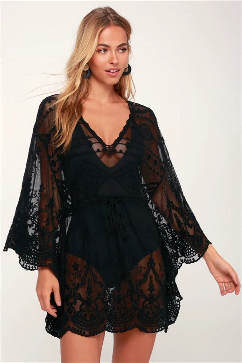 Lace Mesh Embroidered Pullover Cover Up