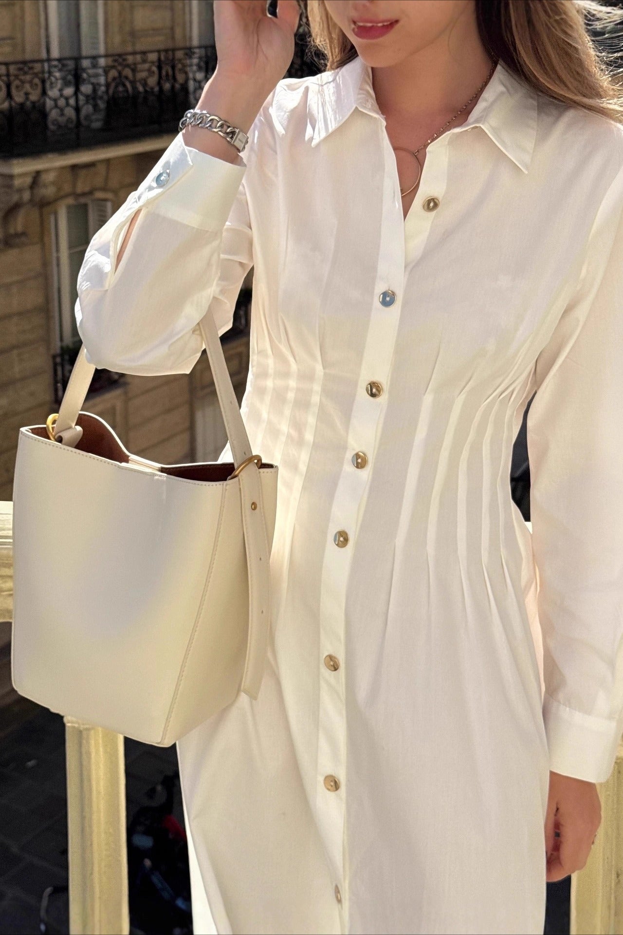 Metal Button Collared Long Sleeve Midi Dress