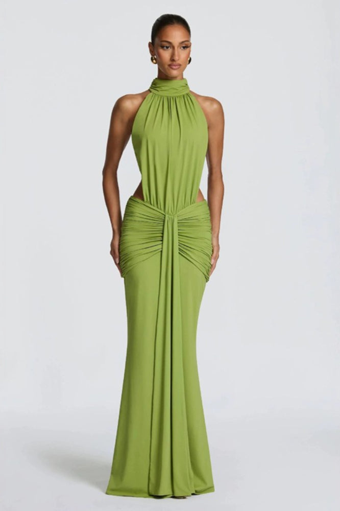 High Halter Neck Backless Ruched Mermaid Gown