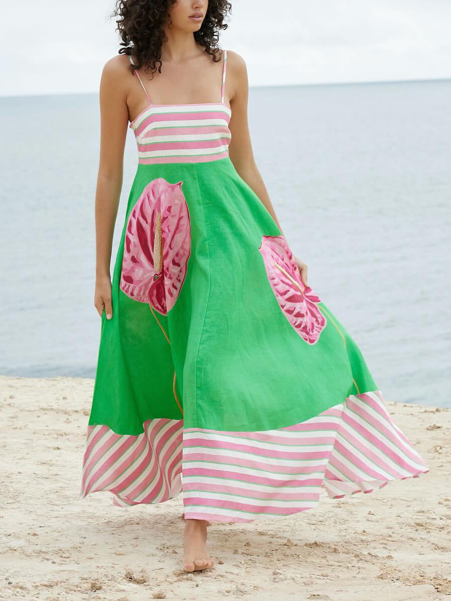 Floral Print Paneled Striped Suspender Mixi Dress - Fashionpara