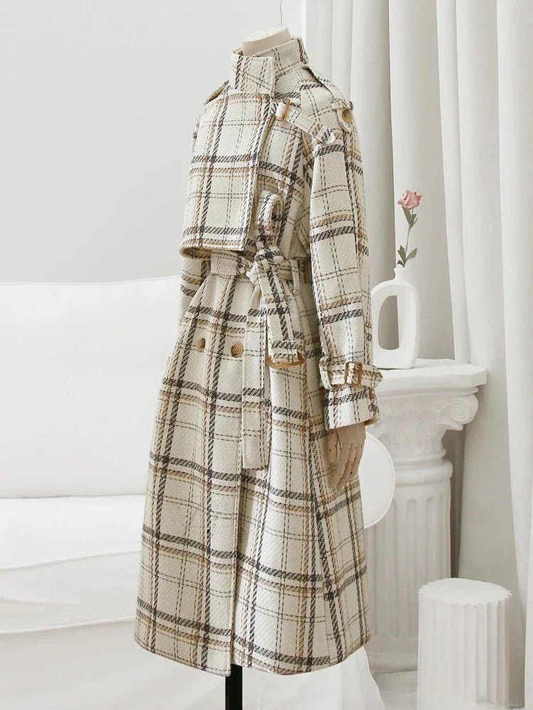 Autumn Winter Long Loose Warm Plaid Wool Blends Sleeve Belt Double Breasted Woolen Stylish Coat - Fashionpara