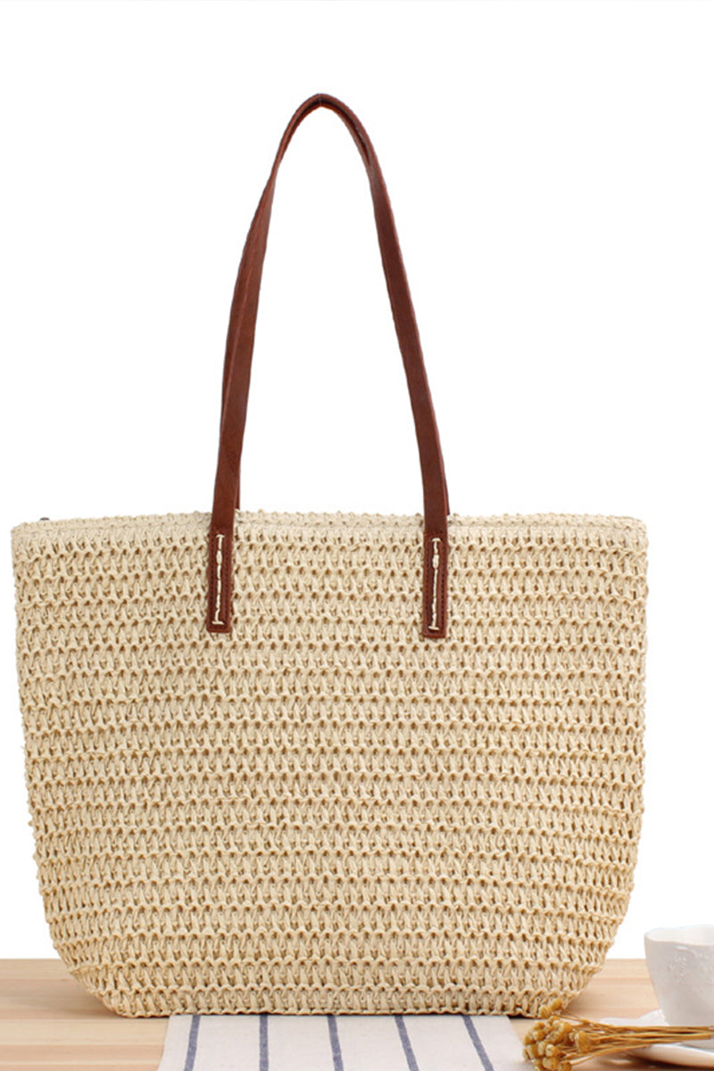 Trendy Leather Strap Woven Straw Beach Shoulder Bag - Fashionpara