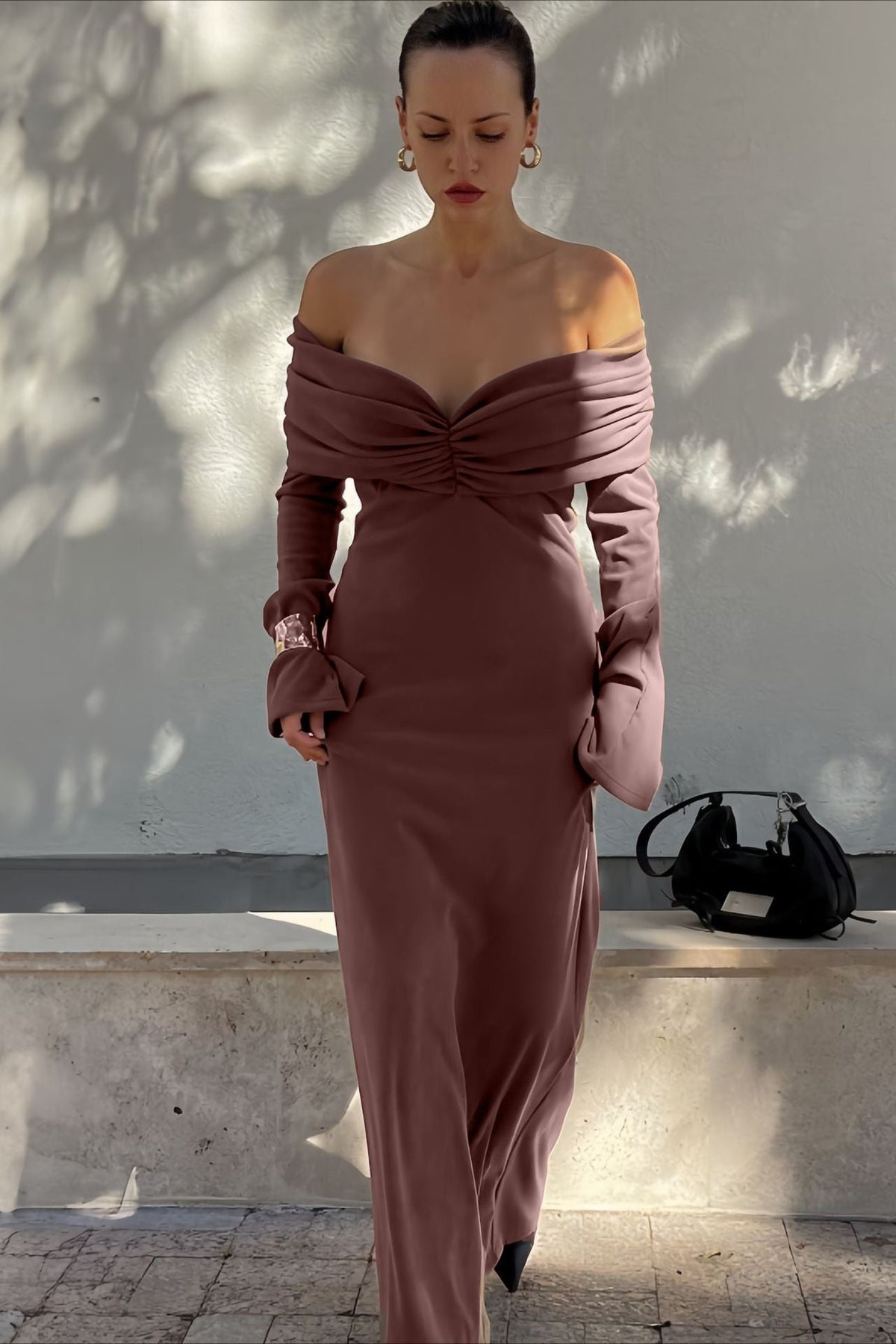 Off Shoulder Long Sleeve Pleated Bodycon Maxi Dress