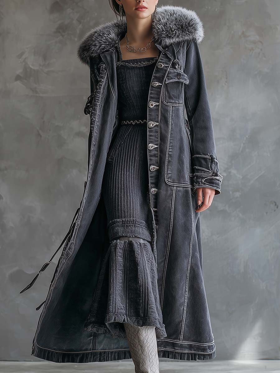 Vintage Washed Grey Denim Coat With Faux Fur Collar - Fashionpara