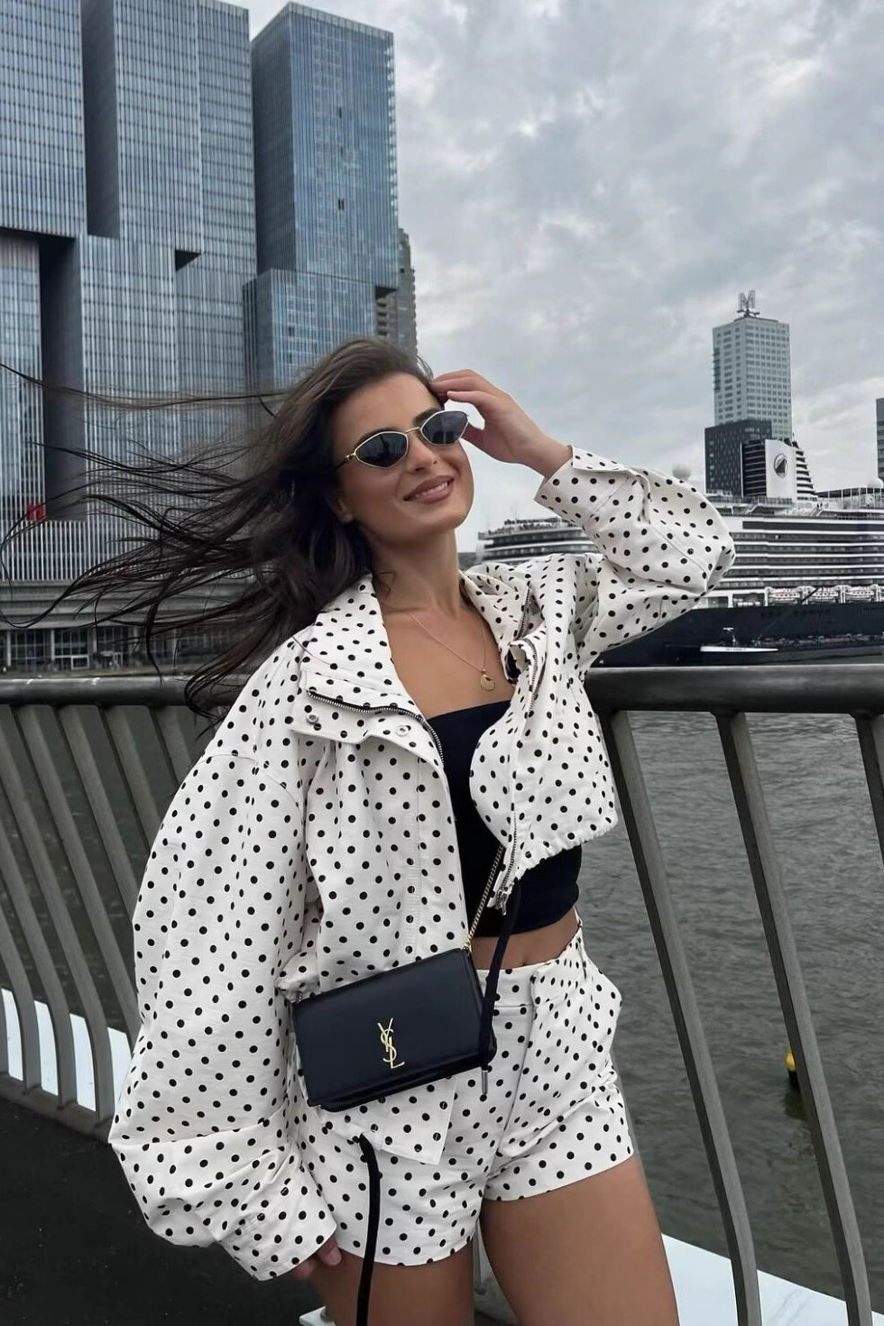 Polka Dot Drawstring Top Two Pieces Set - Fashionpara