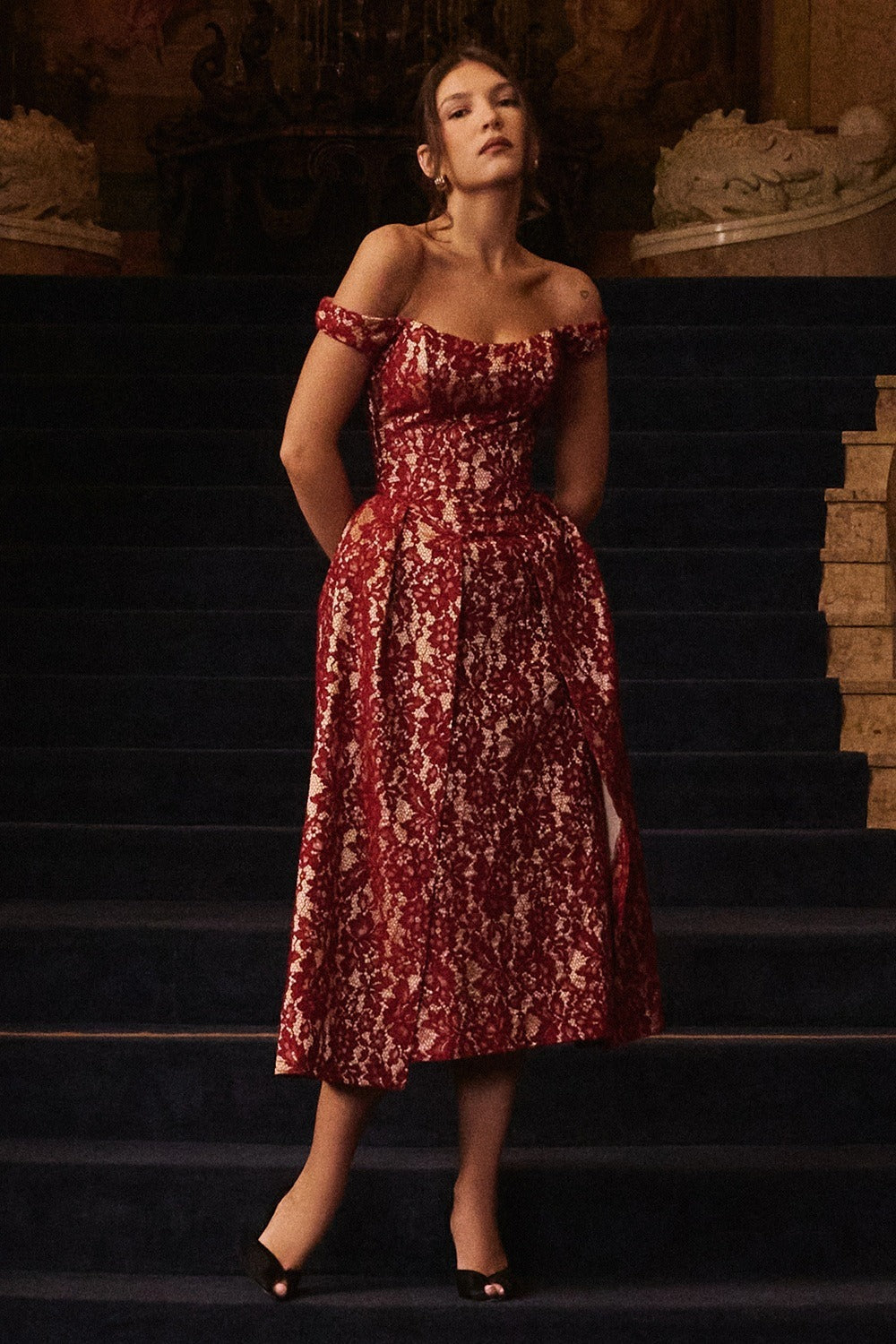 Lace Off Shoulder Corset High Split Midi Dress 2