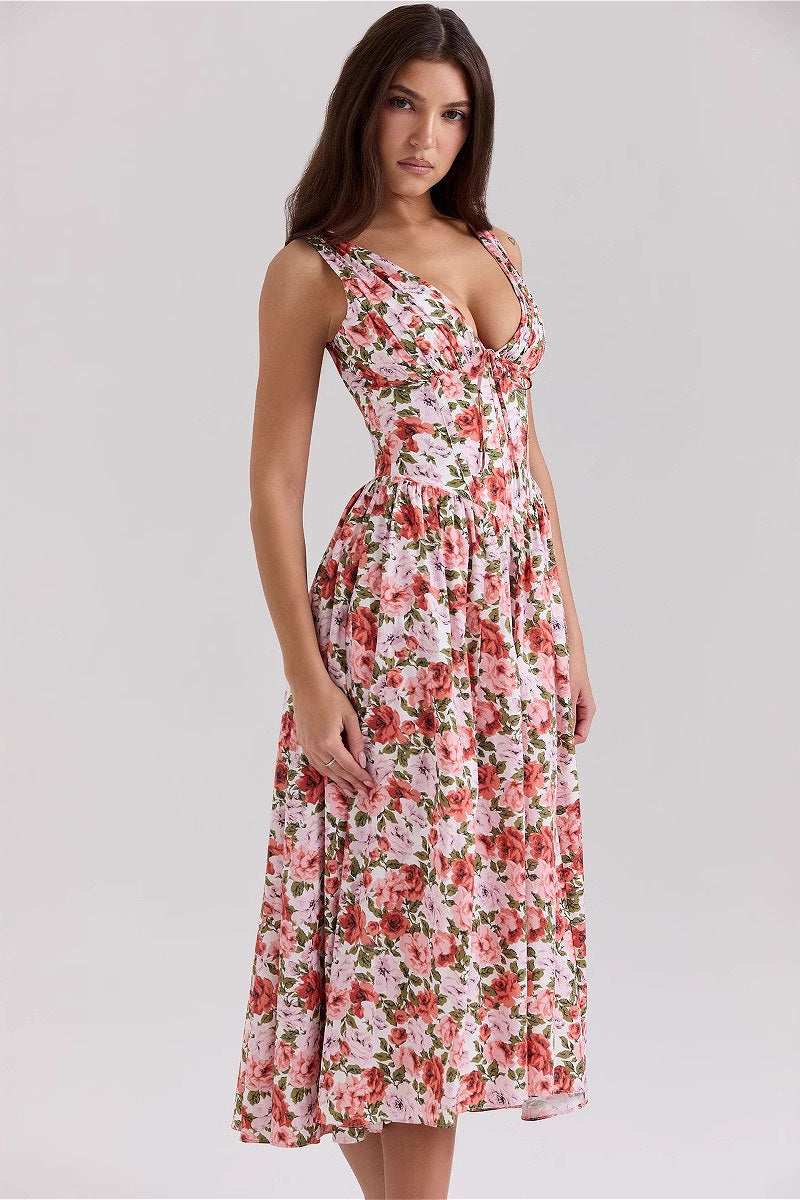 Floral Print V-Neck Sleeveless Corset Midi Dress 2