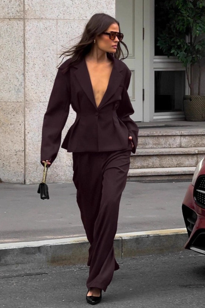 Office Casual Waist Cinched Blazer Pants Two Piece Set