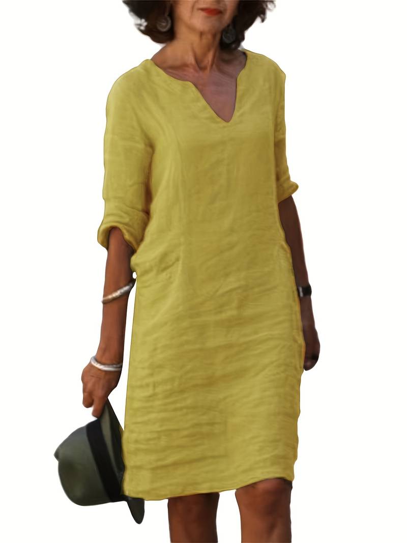 Notched V-Neck Short Sleeve Linen Look Shift Mini Dress - View 2