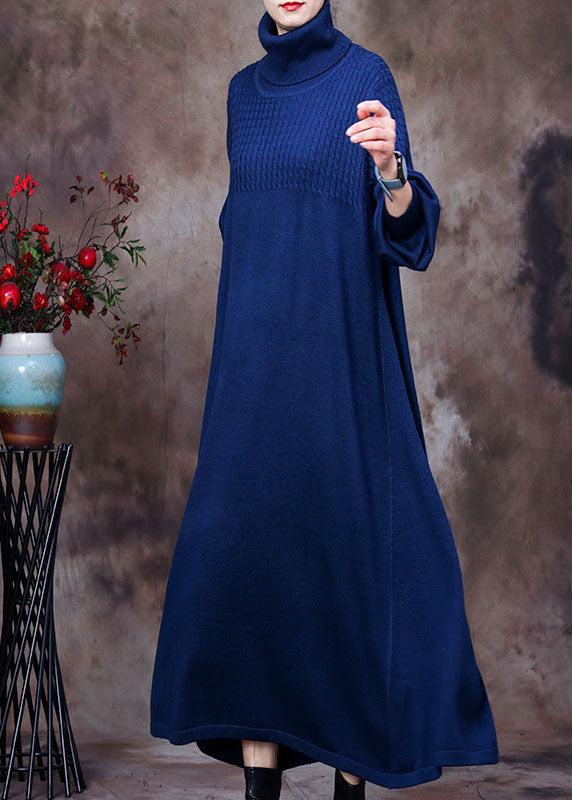 Knit Turtleneck Long Sleeve Ribbed Panel Oversized A-Line Maxi Dress - View 2