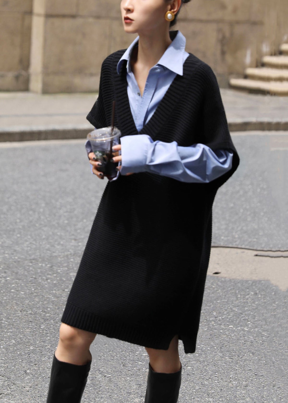 Oversized Knit Deep V-Neck Sleeveless Side Slit Mini Dress - View 4