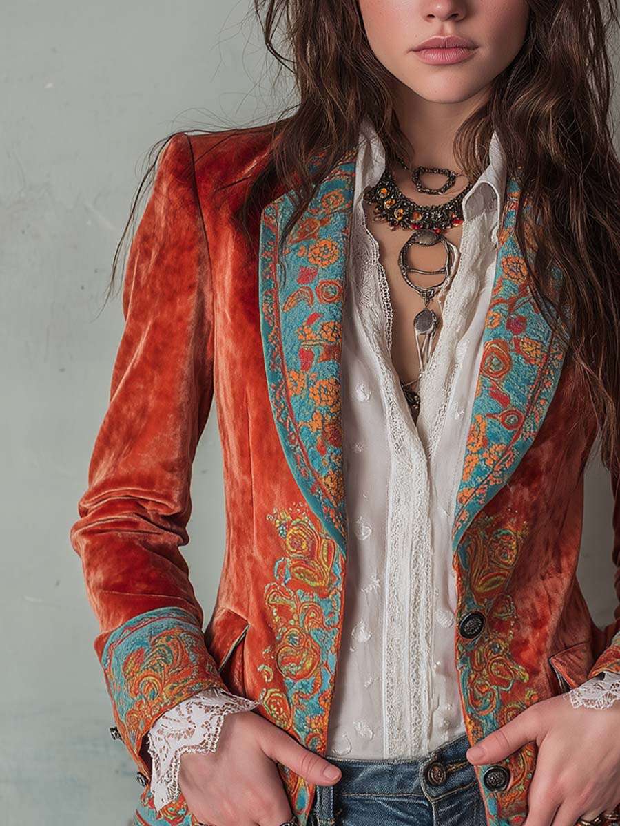 Paisley Print Notch Lapel Single Button Velvet Blazer 3