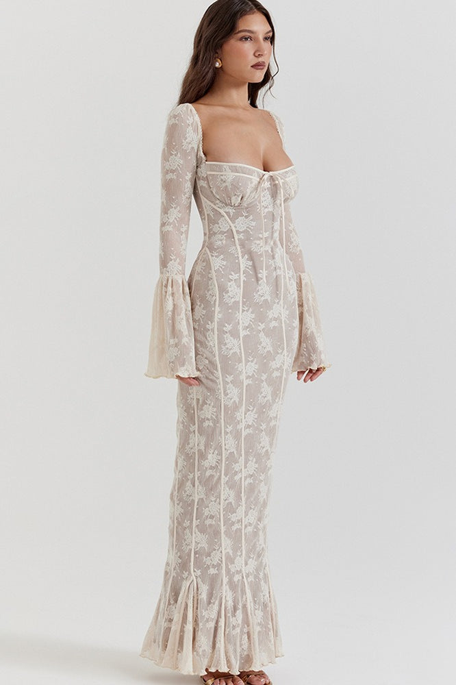 Lace Sweetheart Bell Sleeve Corset Fishtail Maxi Dress