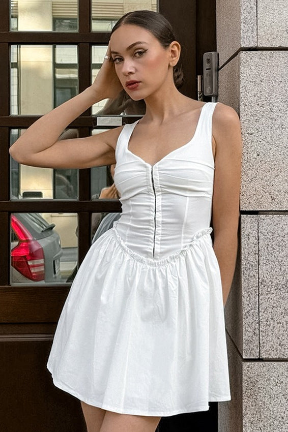 Buttoned Ruched Square Neck Mini Dress