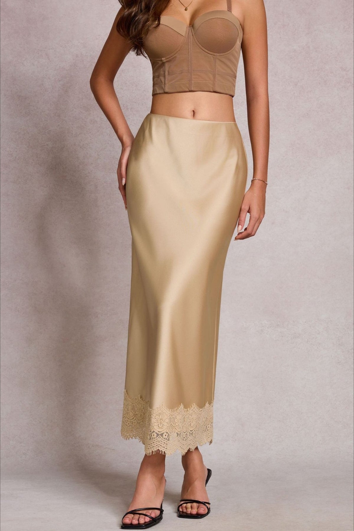 Lace Satin Midi Skirt