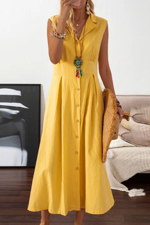 V-Neck Lapel Collar Sleeveless Button Front A-Line Midi Dress