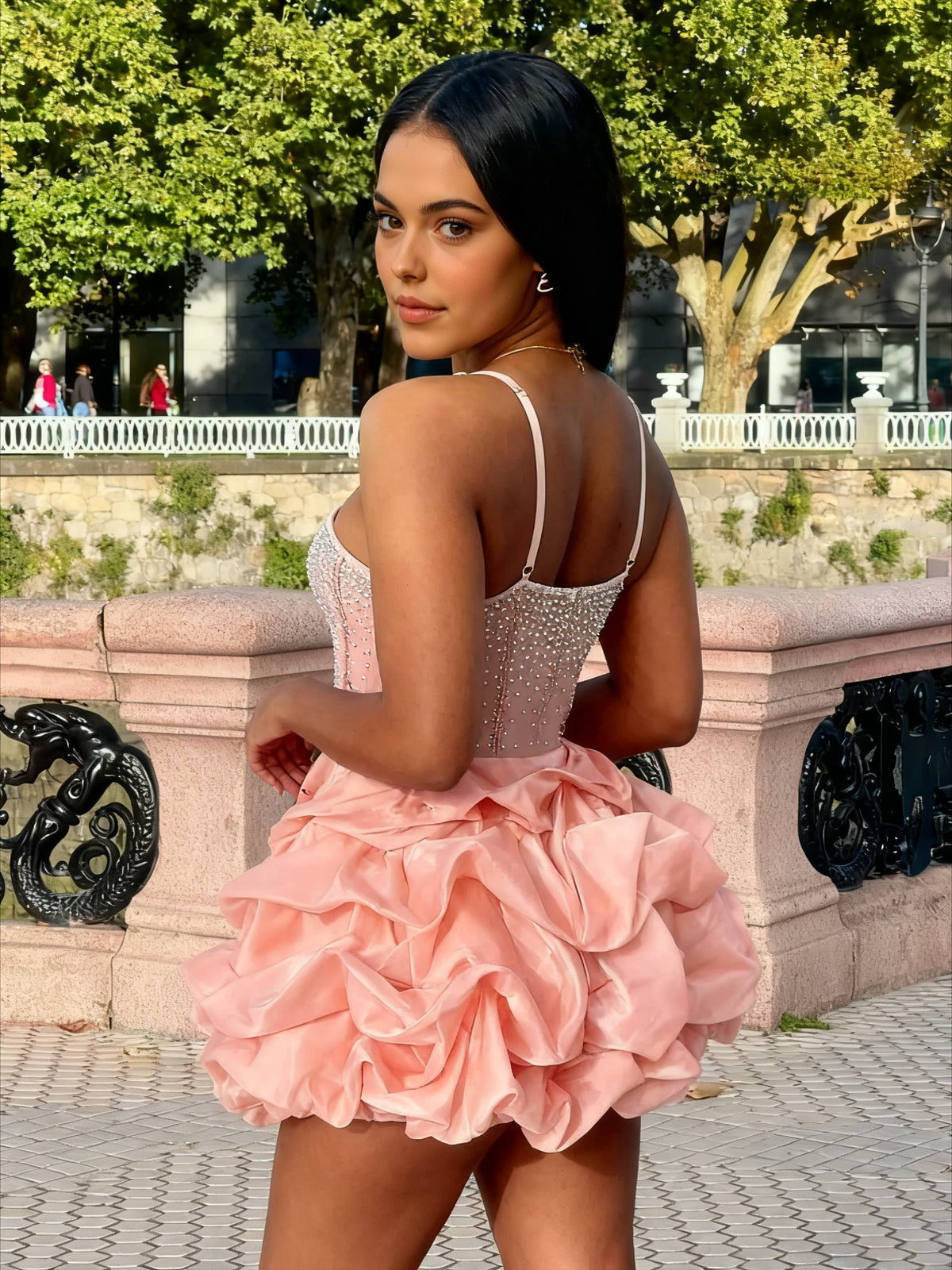 Embellished Corset Spaghetti Strap Ruffle Mini Dress