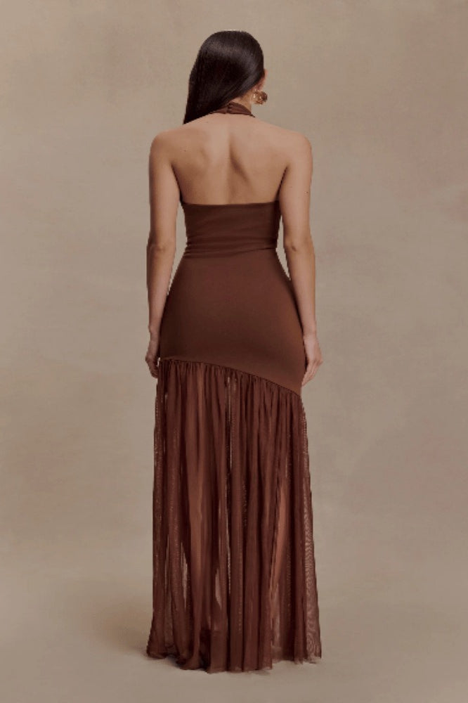 Halter Deep V Neck Cut Out Sheer Mesh Maxi Dress