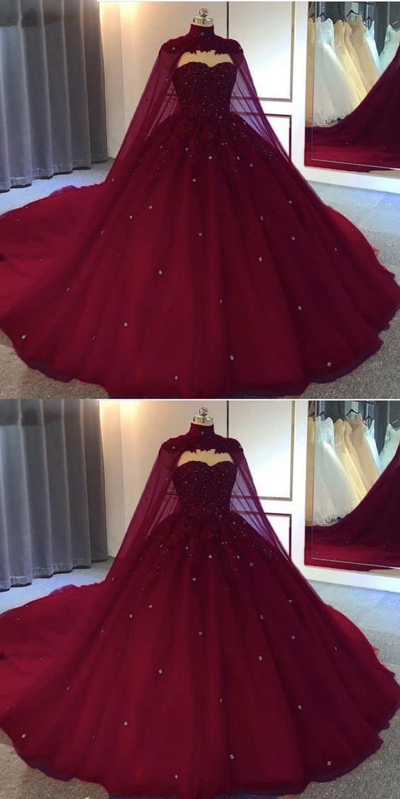 Burgundy Ball Gown Wedding Dress tulle Prom Dresses
