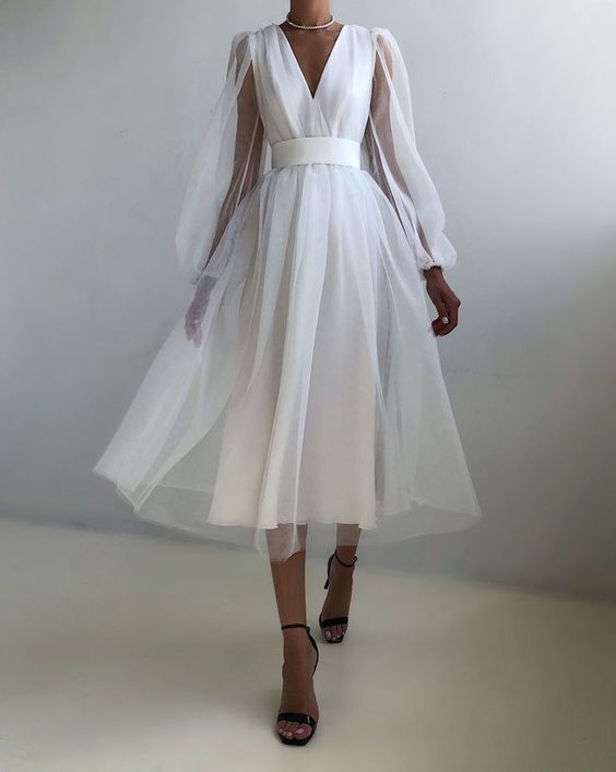 Graduation dress Short A Line Prom Dresses V Neck Long Puff Sleeve Tulle Formal Wedding Evening Party Dresses For Graduation