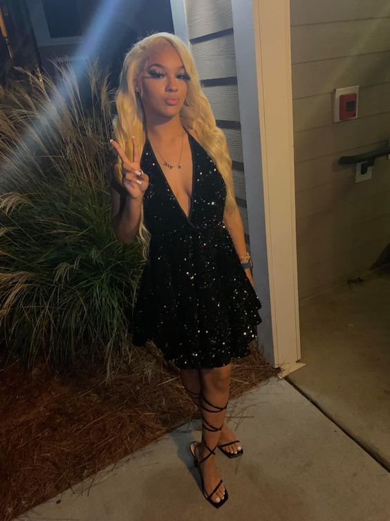 Sexy Black Sparking Short Cocktail Dresses Back Open Tiered Sequin Graduation Gown Parties Night - Fashionpara