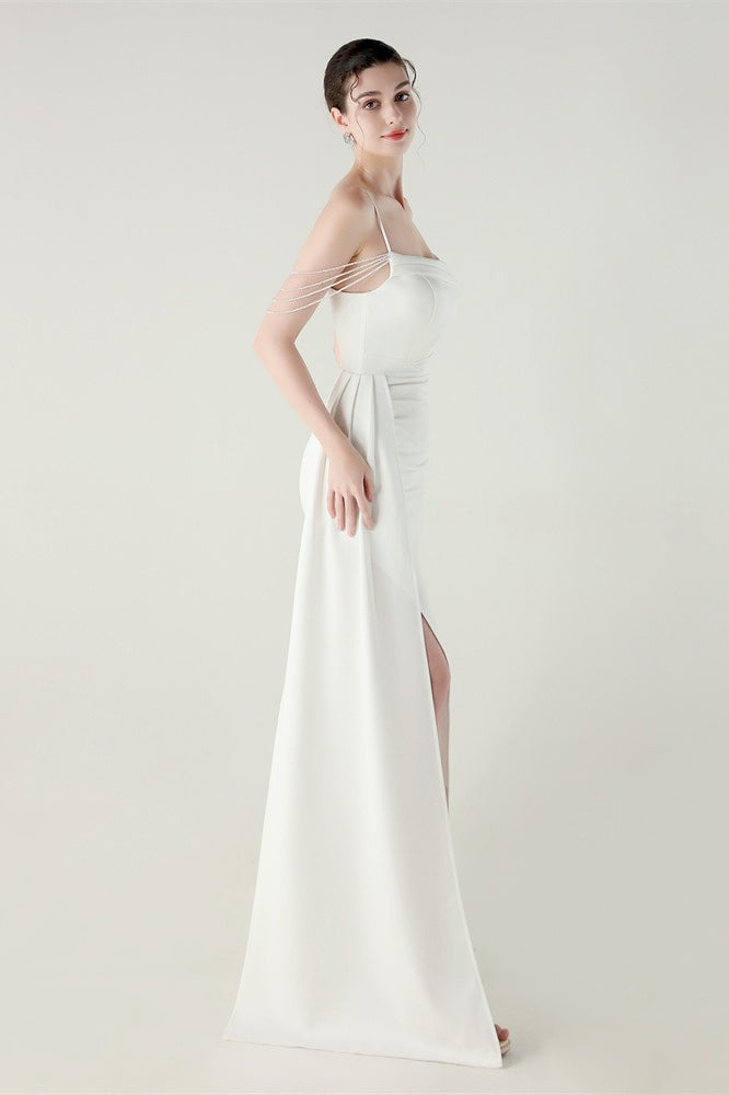 Satin Spaghetti Strap Ruched High Slit Mermaid Gown 7