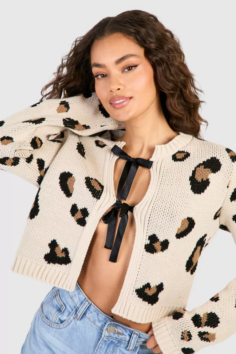 Leopard Print Knit Cardigan with Stylish Tie Front Detail