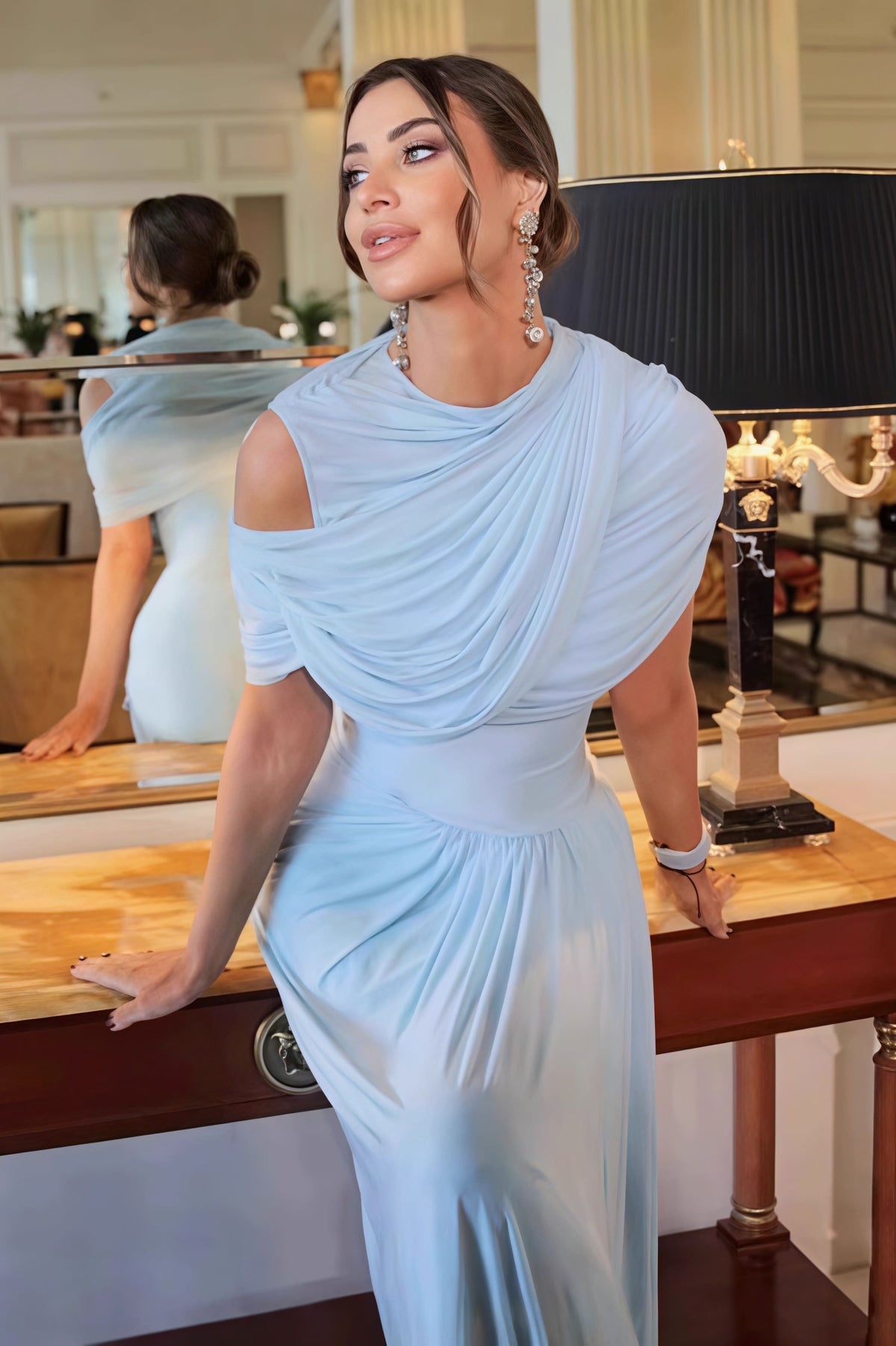 Draped Cowl Neck Sleeveless Pleated Gown 3