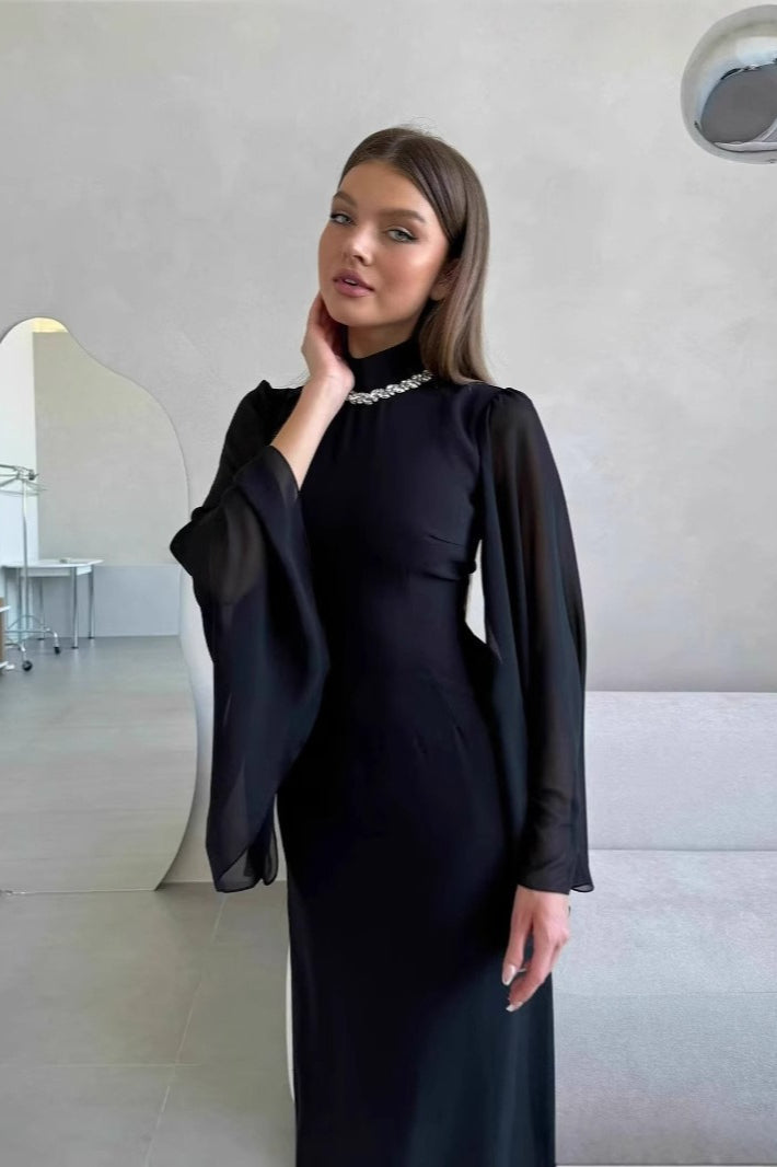 High Neck Long Sleeve Rhinestone Bodycon Maxi Prom Dress - View 3