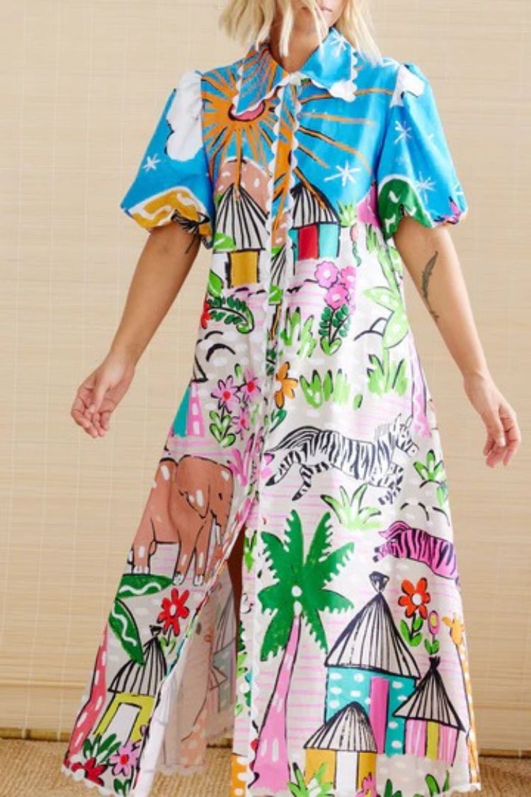 Daliah Unique Printed Wave Lace Puff Sleeves Loose Pocket Maxi Dress - Fashionpara