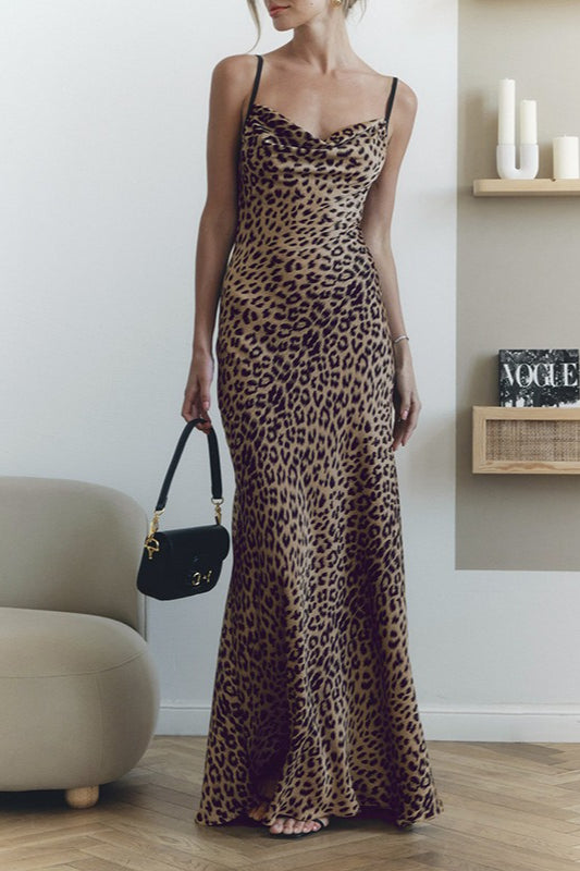 Leopard Cowl Neck Backless Maxi Dress