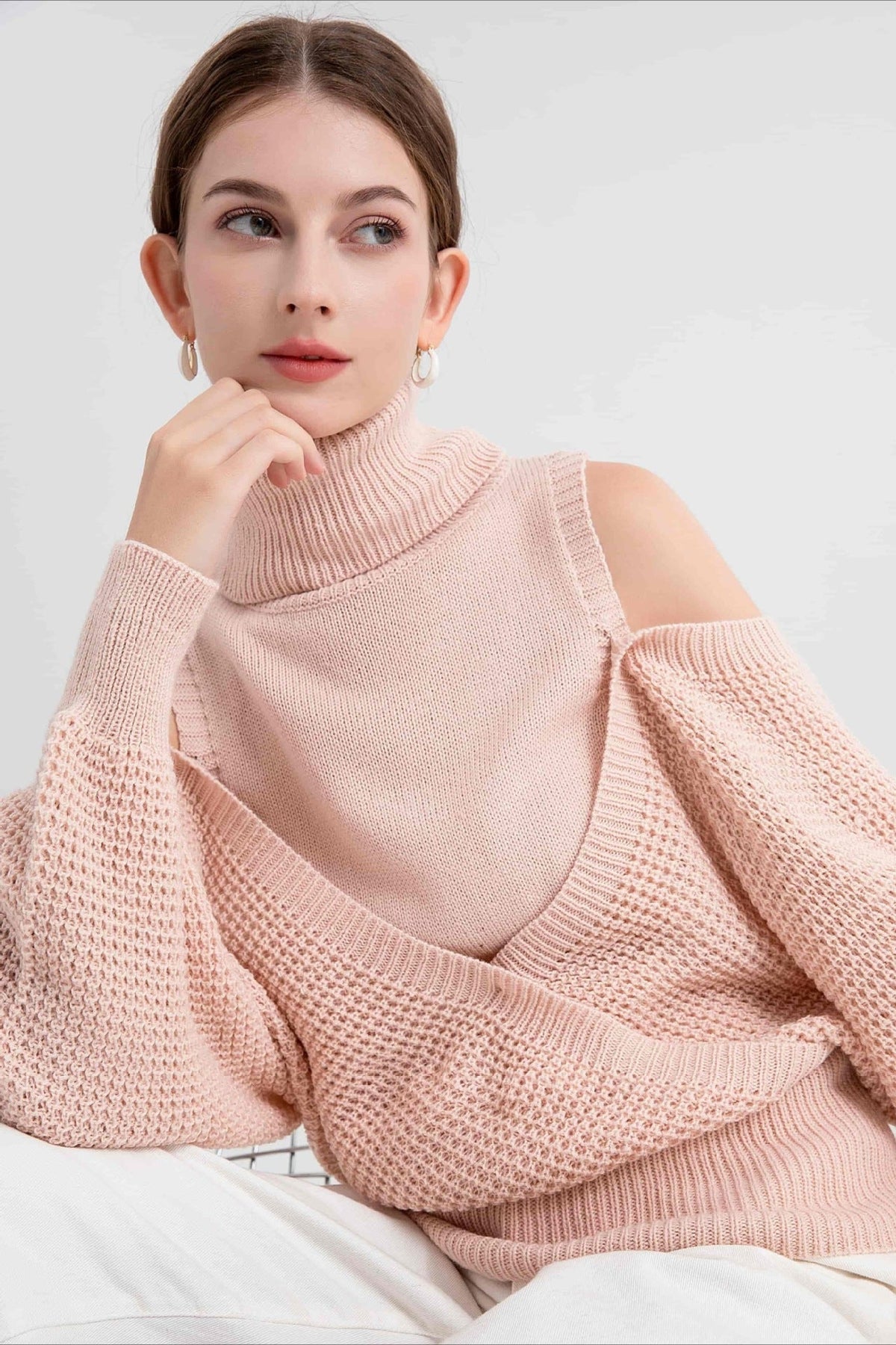 High Neck Off-Shoulder Double Layer Knit Sweater 2