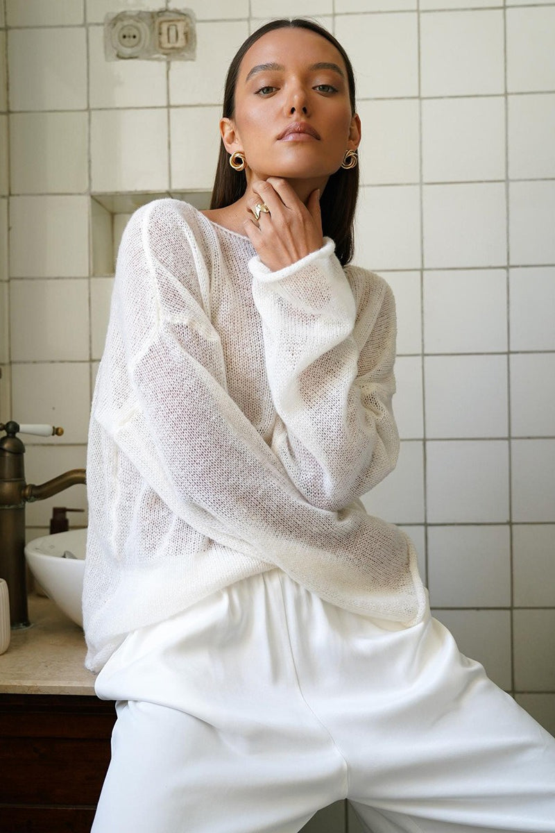 Solid Sheer Cutout Knit Casual Blouse