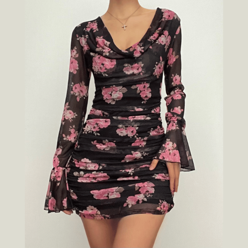 Floral Print Cowl Neck Long Sleeve Ruched Sheer Mesh Mini Dress