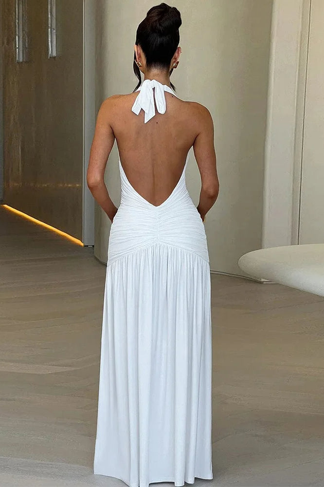 Plunge Halter Neck Ruched High Slit Maxi Gown