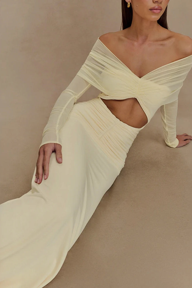 Mesh Patchwork See-Through Full Sleeve Slash Neck Maxi Dress