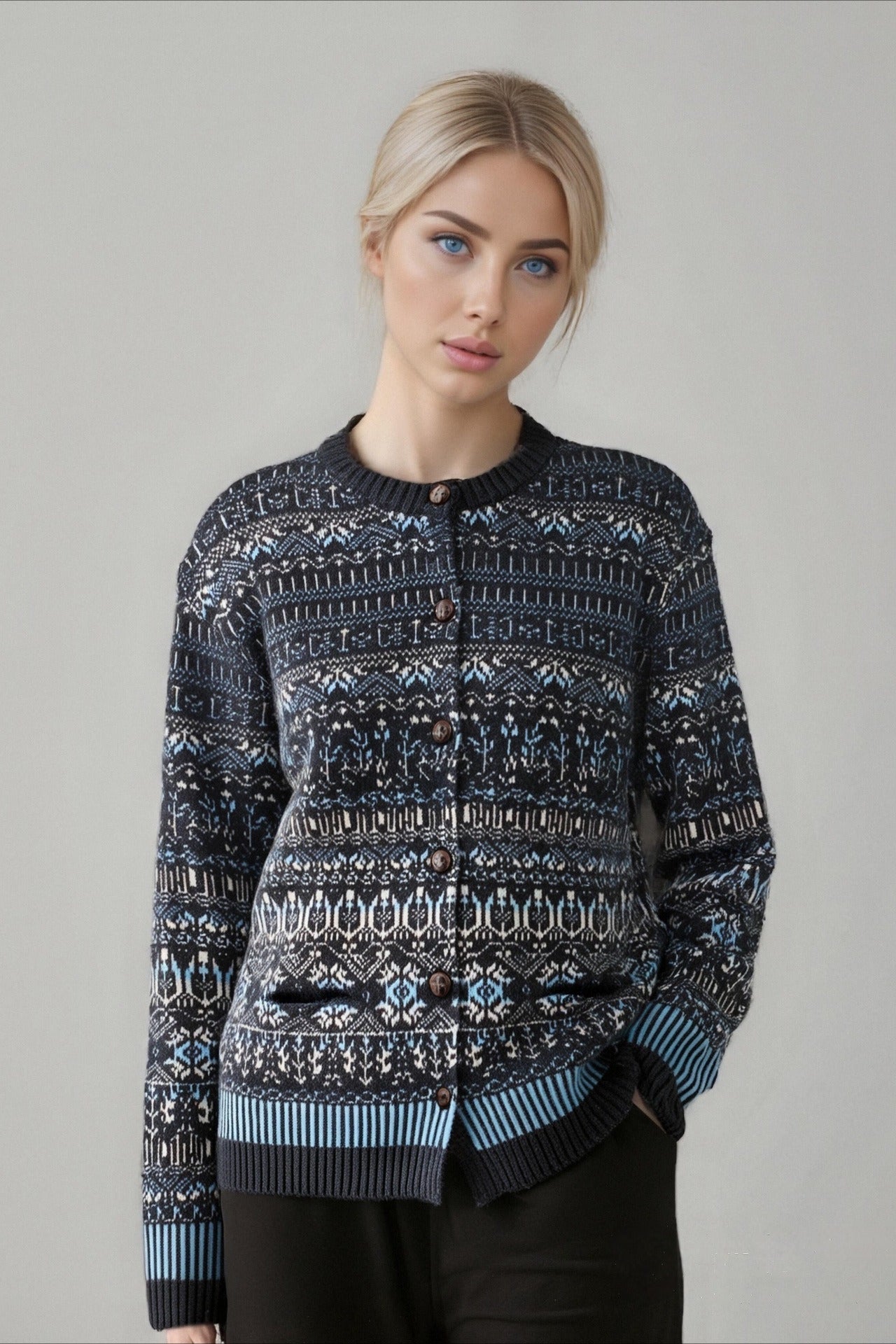 Colorblock Fair Isle Jacquard Knit Cardigan for Elegance