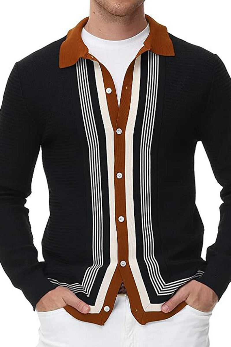 Men's V-Neck Long Sleeve Knitted Polo Cardigan - Fashionpara