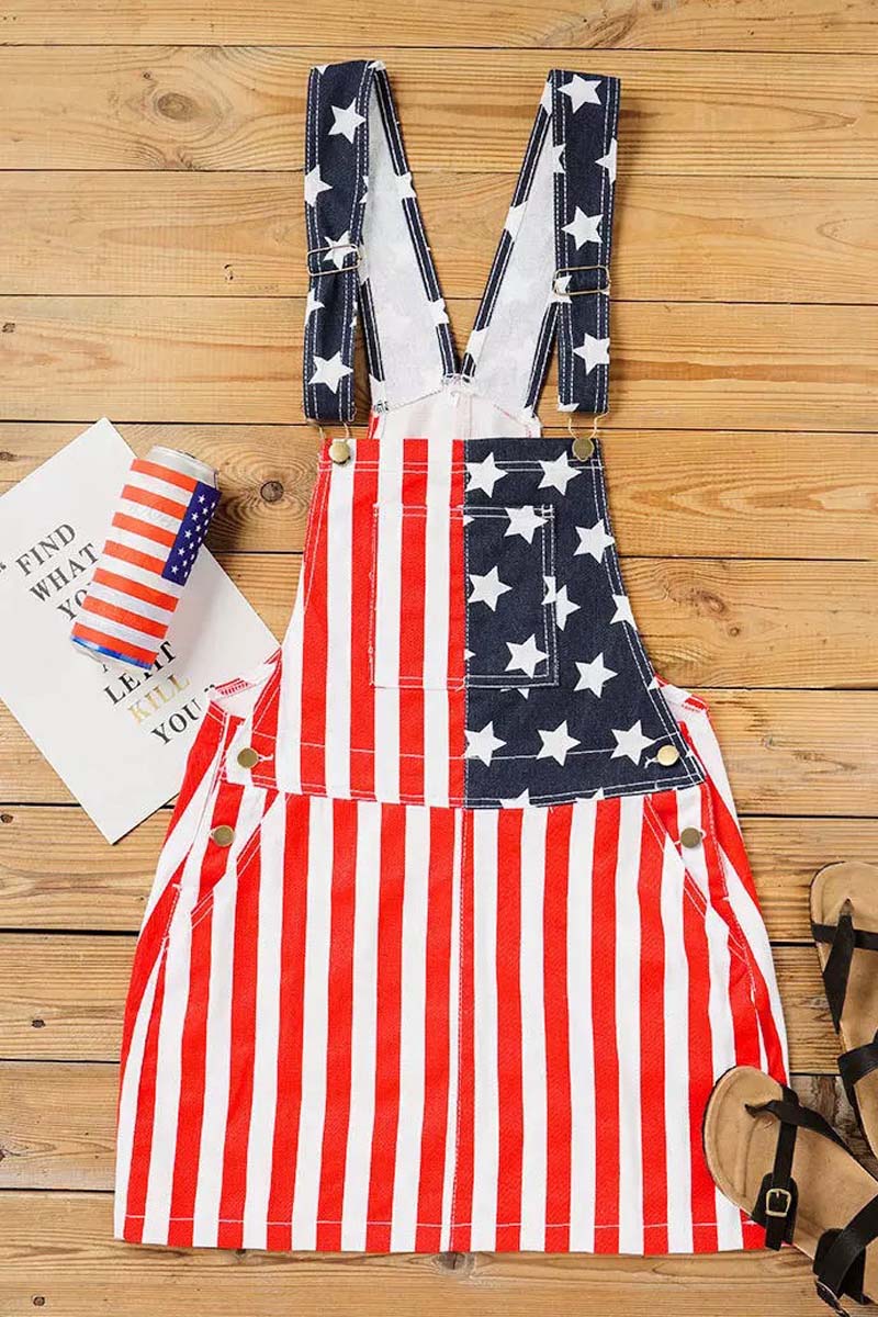 American Flag Star Striped Pocket Overall Mini Dress - Fashionpara
