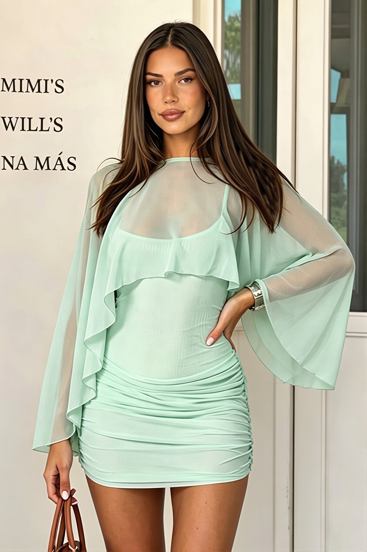 Mesh Cape Sleeve Ruched Bodycon Mini Dress 2