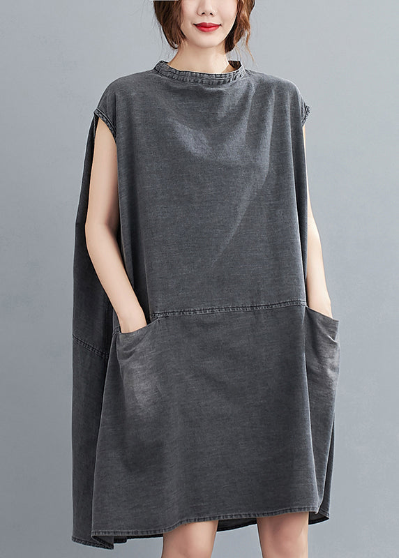 Stand Collar Cap Sleeve Front Patch Pocket Shift Mini Dress - View 2