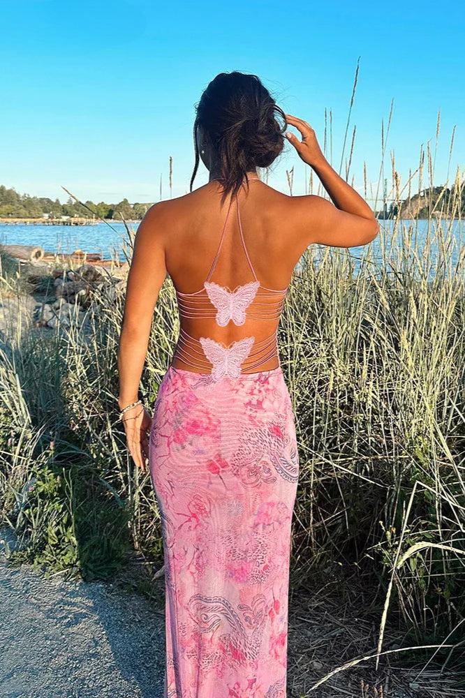 Paisley Print Backless Strappy Bodycon Maxi Dress