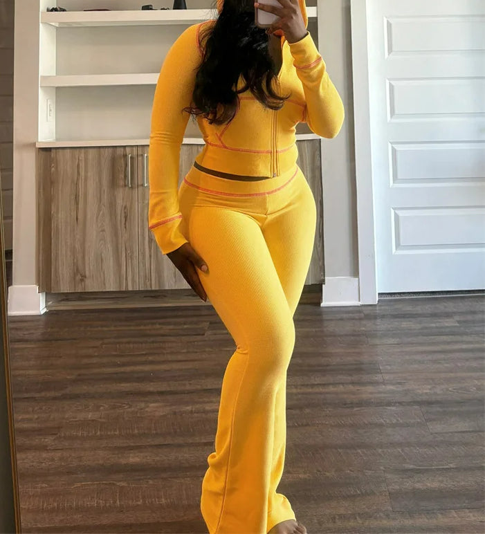 Zipper Hoodie Flare Pants Knit Set - Fashionpara