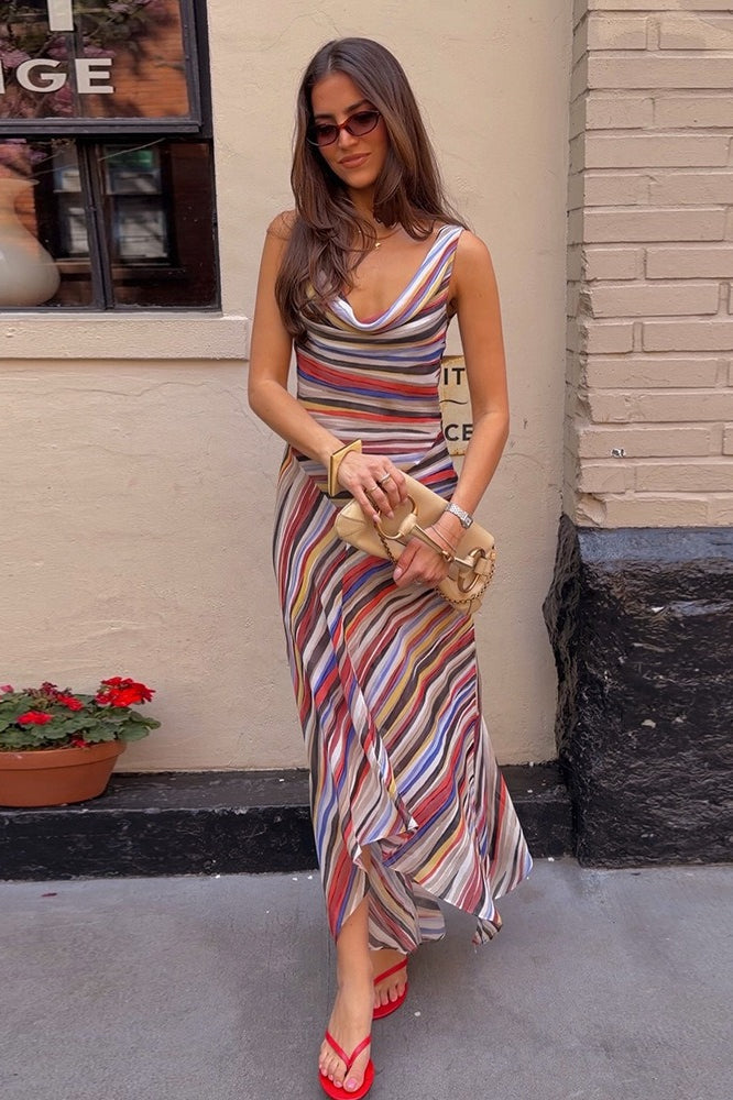 Striped Cowl Neck Asymmetric Slip Midi Dress 5