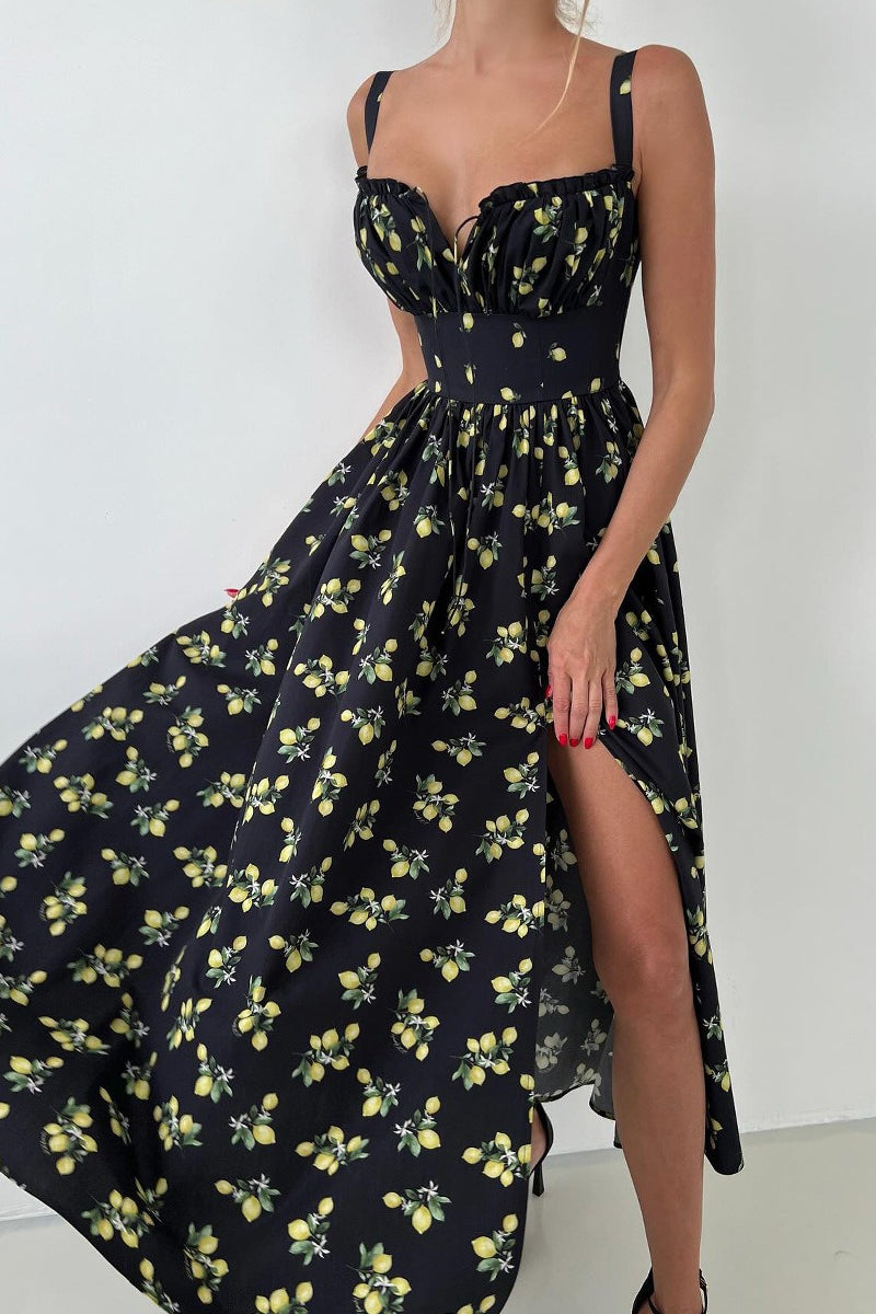 Lemon Print Off Shoulder Corset High Split Maxi Dress 10