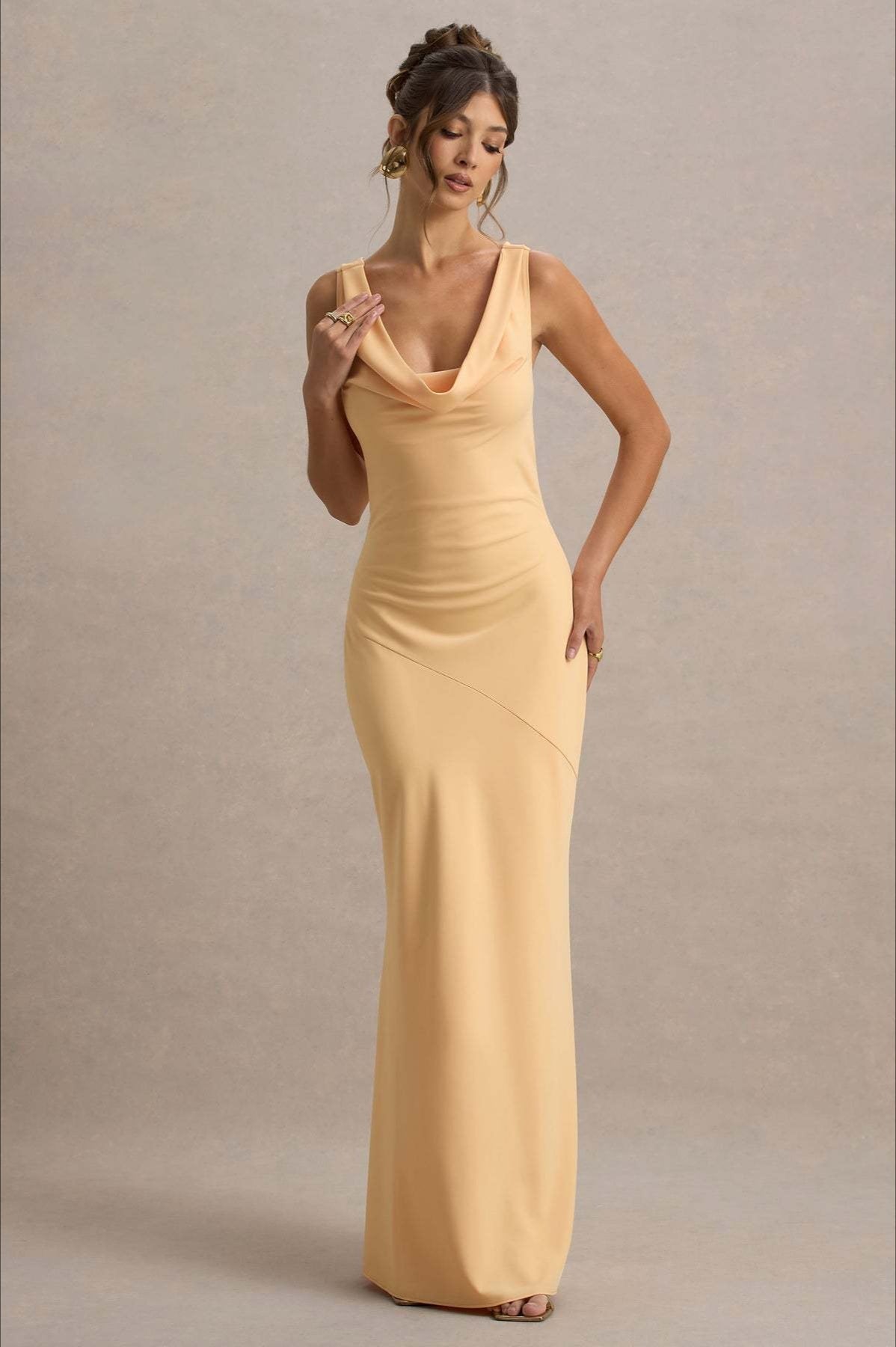 Satin Cowl Neck Wide Strap Sleeveless Diagonal Seam Sheath Maxi Gown - View 9