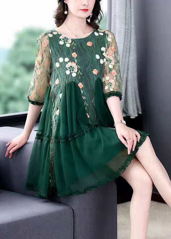 Floral Embroidered Mesh Round Neck Ruffle Cuff Tiered Mini Dress